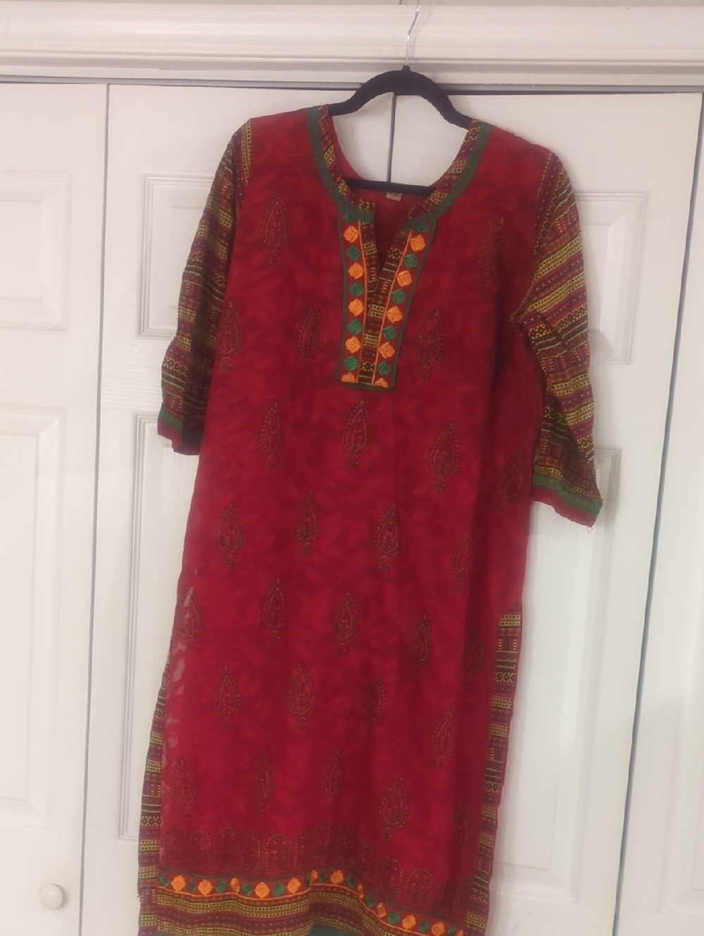 XXL Red COTTON Embroidered Indian Ethnic Tunic Dress with Green & Yellow Accents
